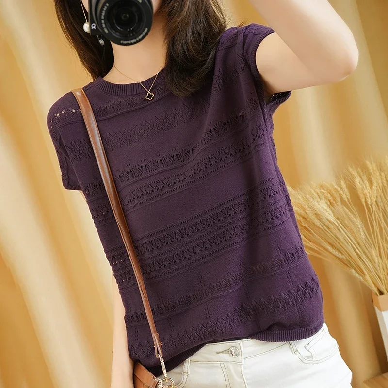 New cotton linen knitted short-sleeved round neck thin section hollow casual T-shirt women 2023 summer loose top