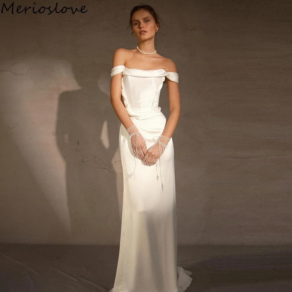 Merioslove Simple Mermaid Wedding Dresses Sleeveless Off the Shoulder Beach Bride Dress Minimalist Bridal Gowns 2024