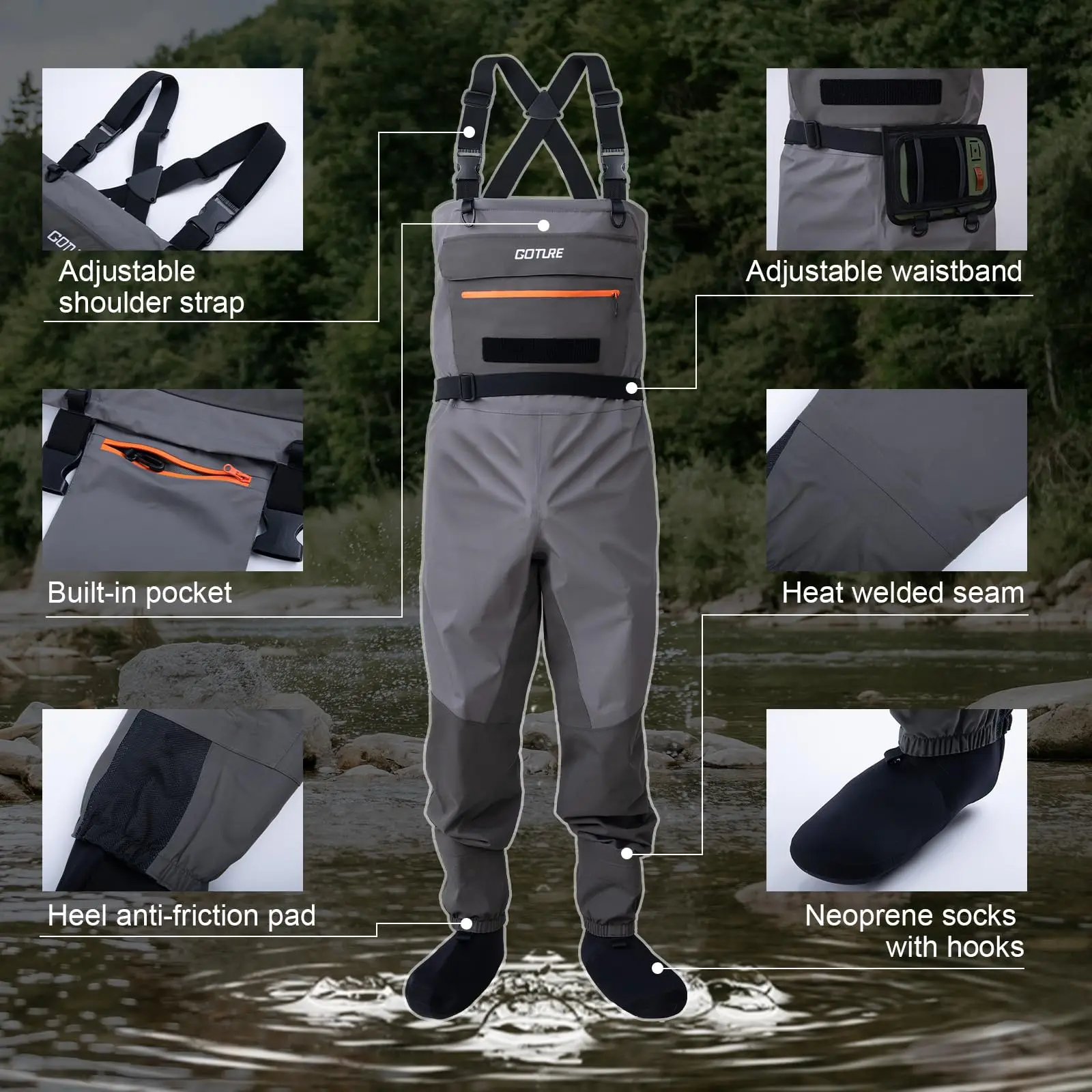 Goture 5-Layer Breathable Wader, Lightweight Fishing Hunting Waders with High-seal Waterproof Chest Seam Zipper, Handwarmer