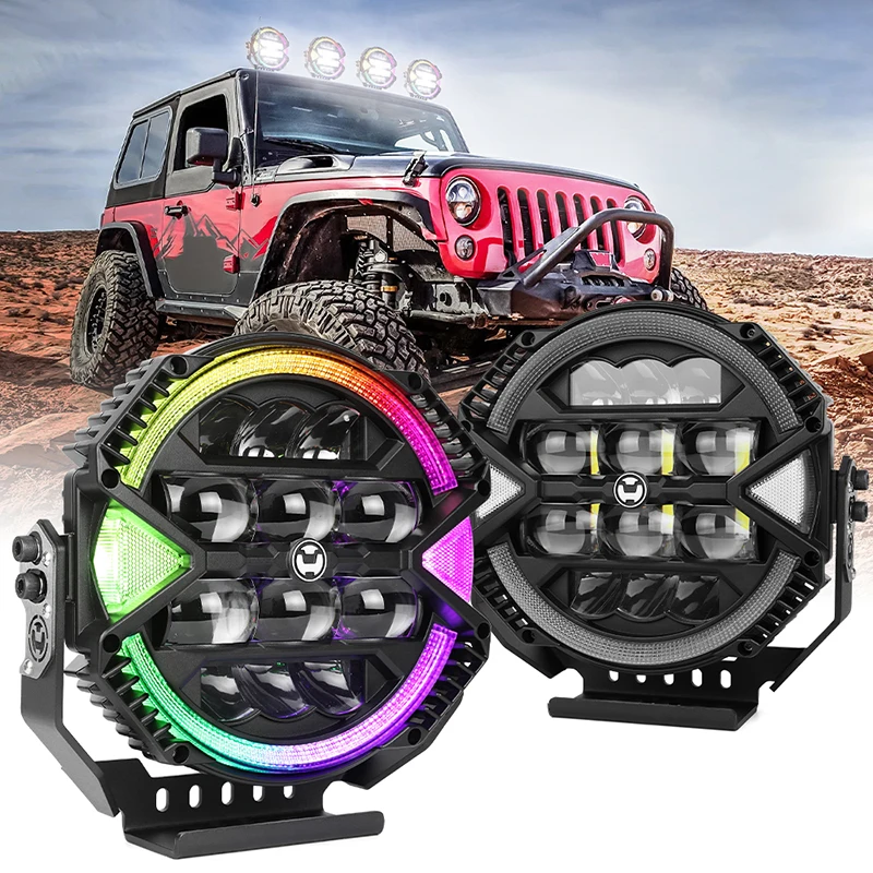 9-дюймовый круглый светодиодный внедорожный фонарь RGB 148 Вт Светодиодный дальний фонарь высокой/низкой яркости RGB Halo DRL для грузовиков, внедорожников, пикапов UTV