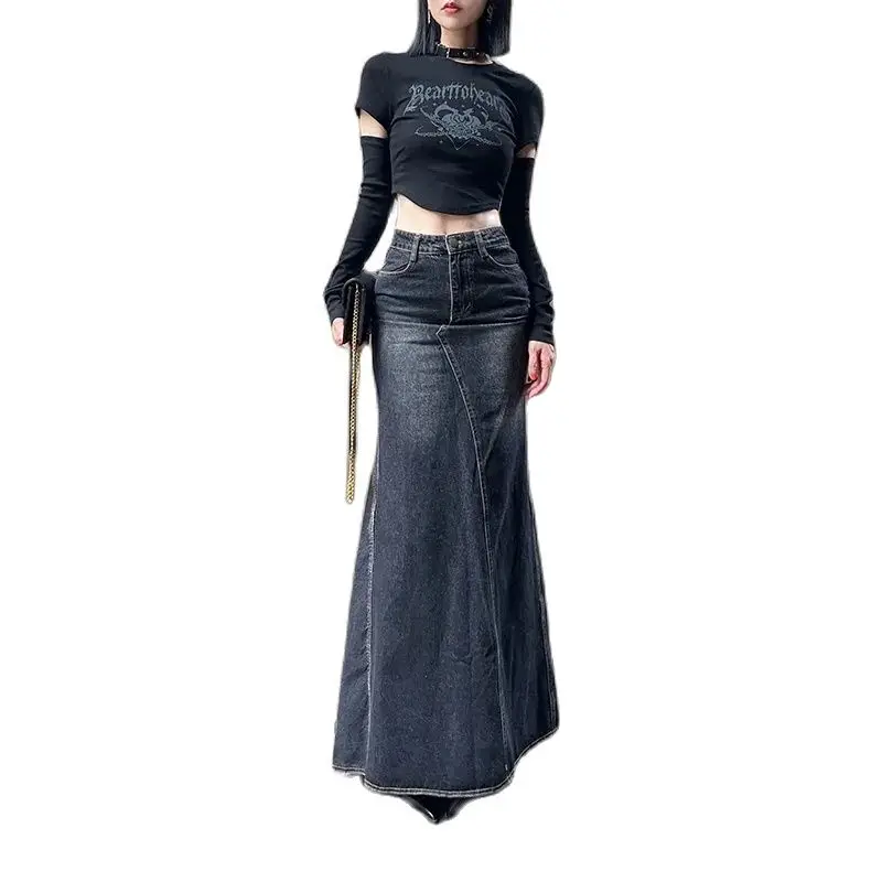 New Retro High Waist Fishtail Denim Skirt in Autumn And Winter Female Parting Line Hip Design Non-elastic Hip-wrapped Long Skirt