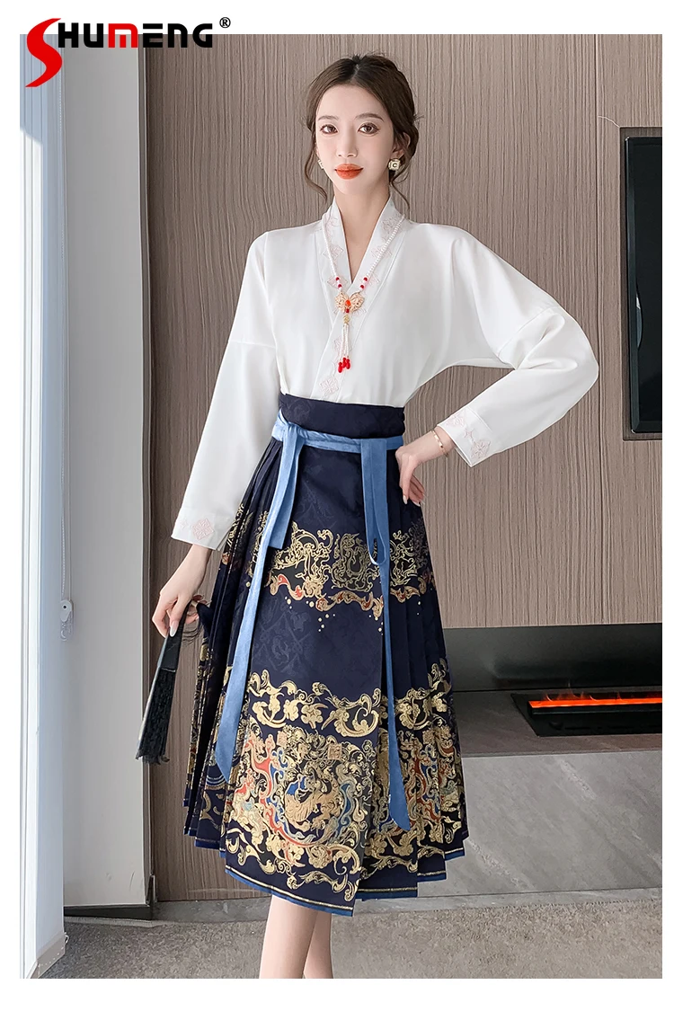 Jupe mi-longue visage de cheval de style chinois pour femmes, jupes courtes Hanfu modifiées, taille haute, automne et hiver, nouveau, 2023