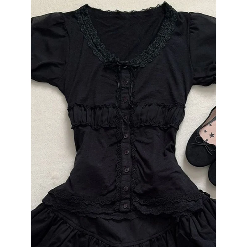 مجموعة تنورة صغيرة كلاسيكية داكنة مكونة من قطعتين: بلوزة نحيفة بأكمام قصيرة وصدر واحد + تنورة ذات طبقات على طراز Jk Preppy مكونة من قطعتين