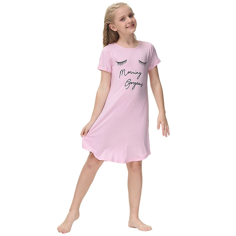 

Summer Kids Pajamas Lovely Solid Cartoon Print Nightgowns Girl Teen Casual Cool Sleep Dress Sleepwear Pyjamas Nightwear Homewear