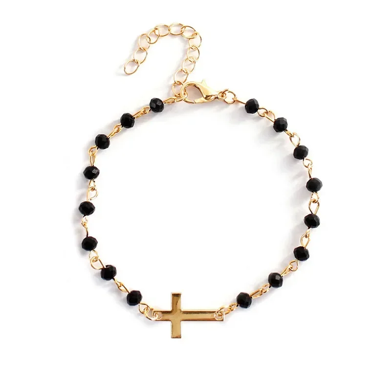 New Fashion Design Rosary Style Sideways Cross Bracelet Black Beads Gold Color Chain Bracelets for Women Girls