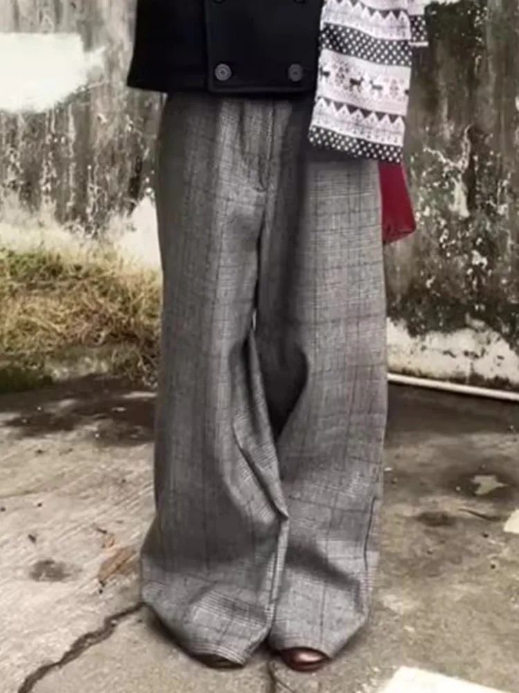 PBAP-pantalones de traje de Tweed a cuadros para mujer, pantalones plisados de cintura alta con bolsillos, pantalones de vestir de pierna ancha holgados, ropa Formal informal de oficina
