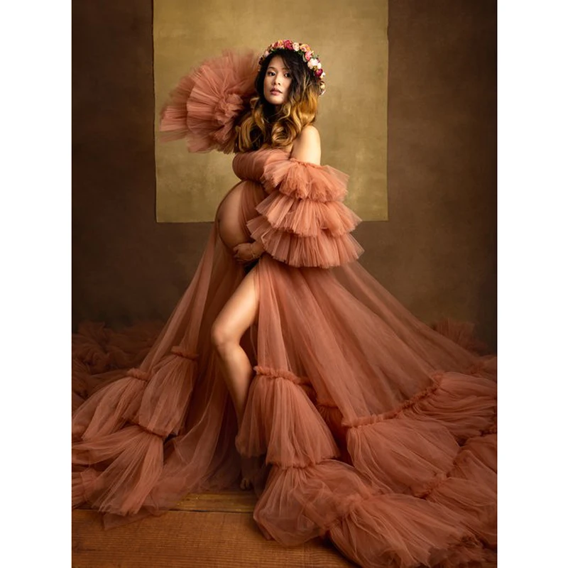 Puffy Ruffled Tulle Maternity Gown Photo Shoot Dresses for Baby Shower Detachable Sleeves Pregnancy Women Maternity Dress Custom