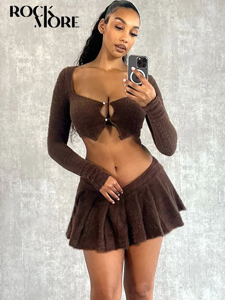 

Rockmore 2 Piece Brown Plush Crop Top Mini Pleated Skirts Set Fashion Vintage Sexy Long Sleeve Shirts Bottoms Street Outfits