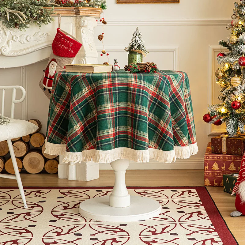 Christmas Round Tablecloths Retro Checkered Fabric Dust-Proof Washable Table Cover for Christmas Party Indoor Outdoor Decoration