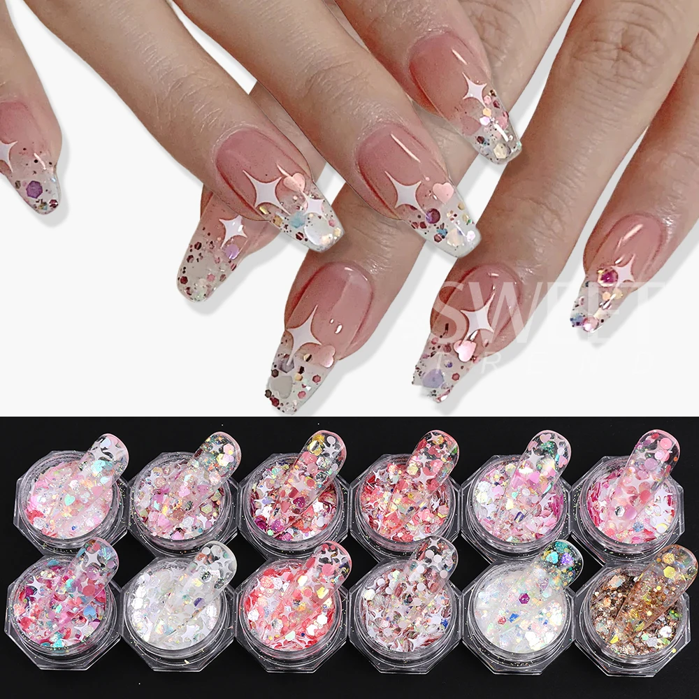 12 pz/set Olografico Y2K Stella Glitter Per Unghie Paillettes Lucido Dolce Amore Cuore Scintillante Fiocchi Paillette Accessori di San Valentino