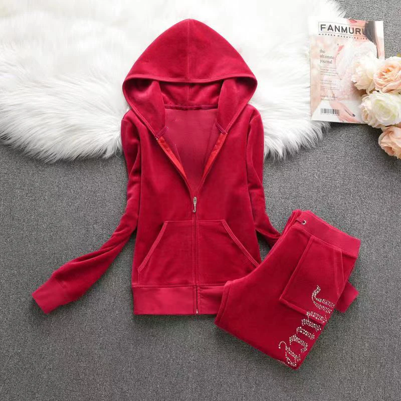 2024 Juicy Velvet Tracksuit Set for Women Velure Rhinestone 2 Piece Tracksuit Casual Elegant Ladies Suit Diamonds Set