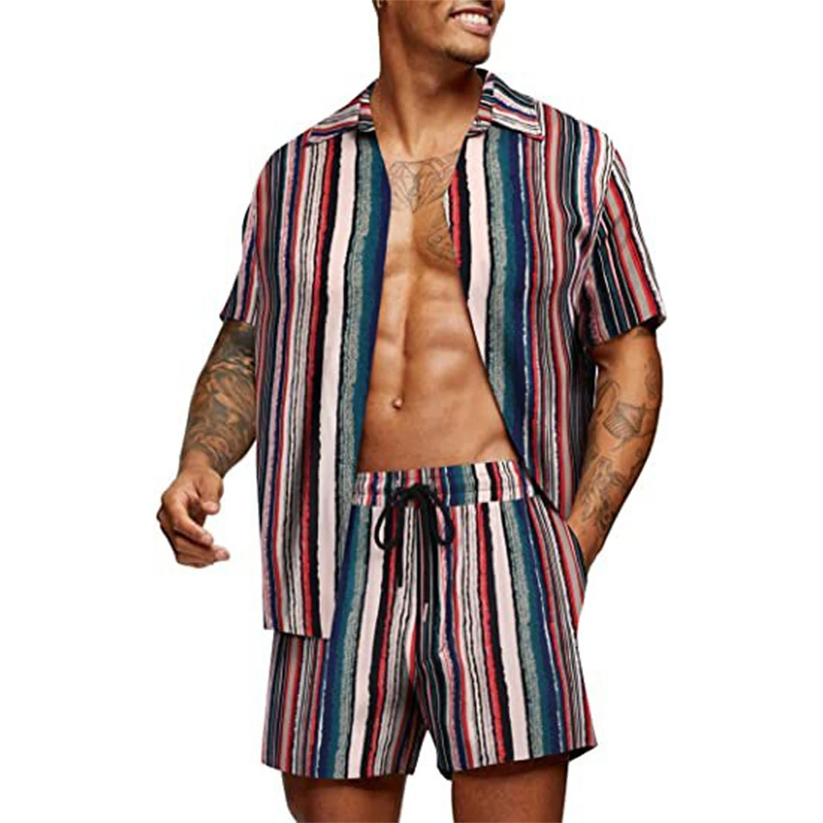 Ensembles imprimés à la mode pour hommes, revers, simple boutonnage, manches courtes, chemise décontractée, Short de plage, ensemble de vacances d'été, costumes hawaïens, S-2XL