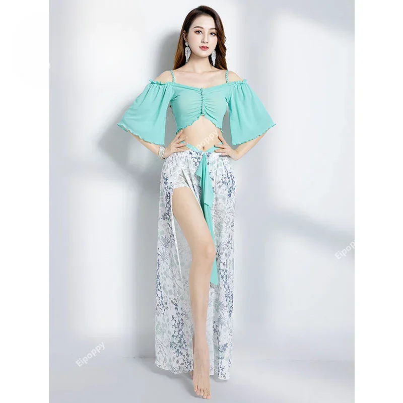 Costume da danza del ventre Abito da donna in 2 pezzi Set francese sexy elegante con maniche a volant Top sexy gonna con spacco laterale crema lunga Nuovo