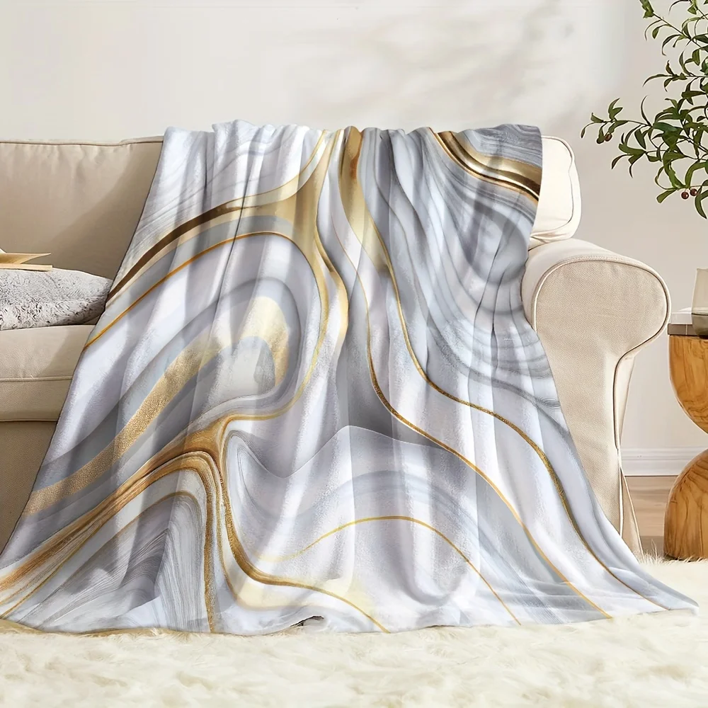 

Luxurious Marble Flannel Blanket Soft Cozy All-Season Throw with Elegant White Gray Golden Pattern for Sofa Bed Office Decor
