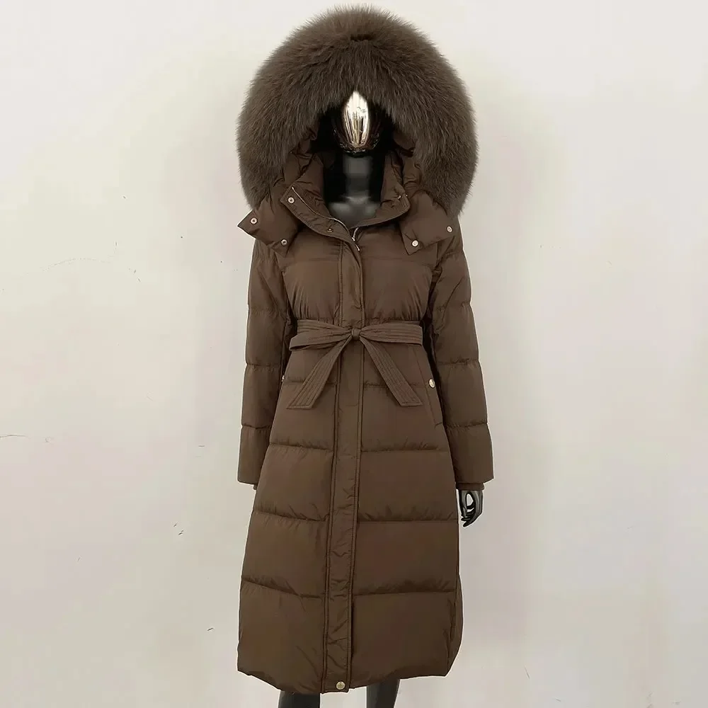 ريال فوكس الفراء طوق 2025 الشتاء الأبيض أوزة أسفل معطف مقنعين سترة فضفاضة المرأة سميكة الدافئة مربوط موضة جديدة معطف منتفخ