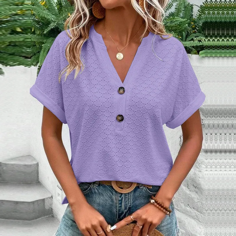 Blusa feminina com botão monocromático com decote em v, camisas soltas, manga curta, tops femininos grandes, blusa jacquard casual, verão, nova moda, 2023