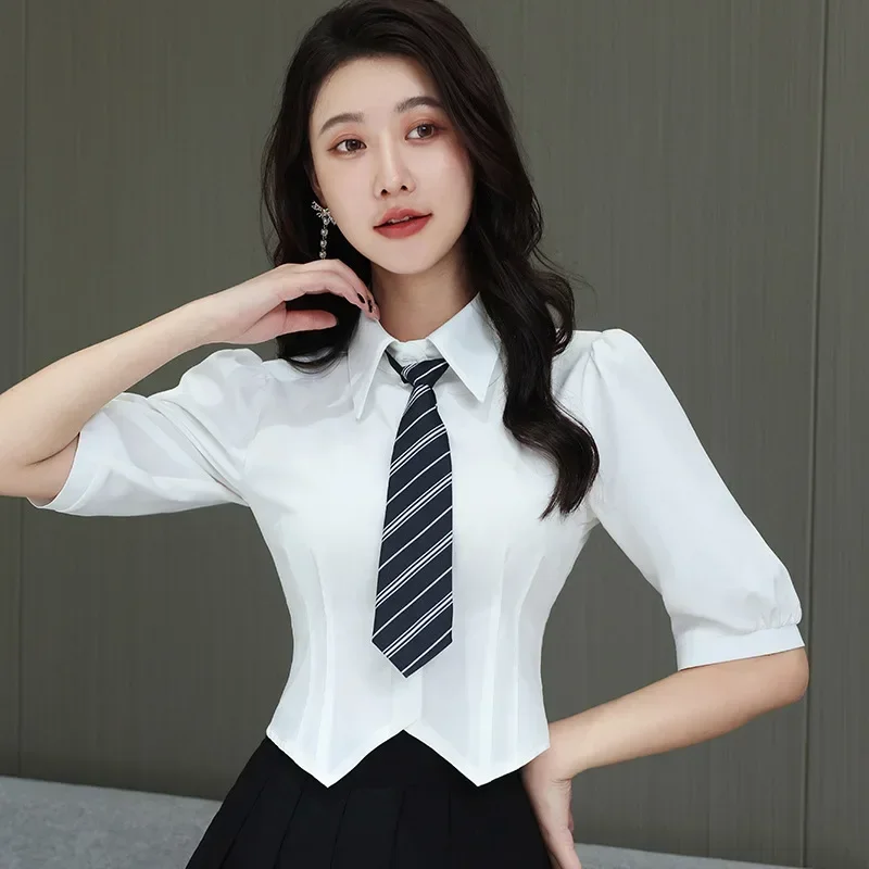 

White Shirt Women Slim Long Sleeve Cute Top Uniform Basic Blouse Female Polo Neck Versatile and Sexy Clothing for Casual Wear