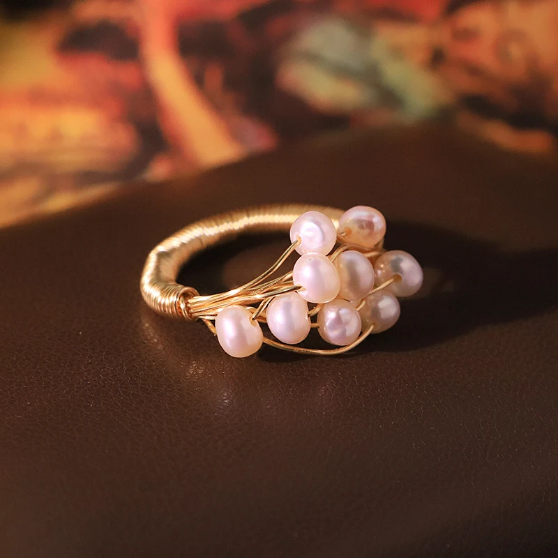 Natural Freshwater Pearl Wire-wrapped Ring Handmade Ring Banquet Wedding Women's Jewelry Accessories Fashion Jewelry
