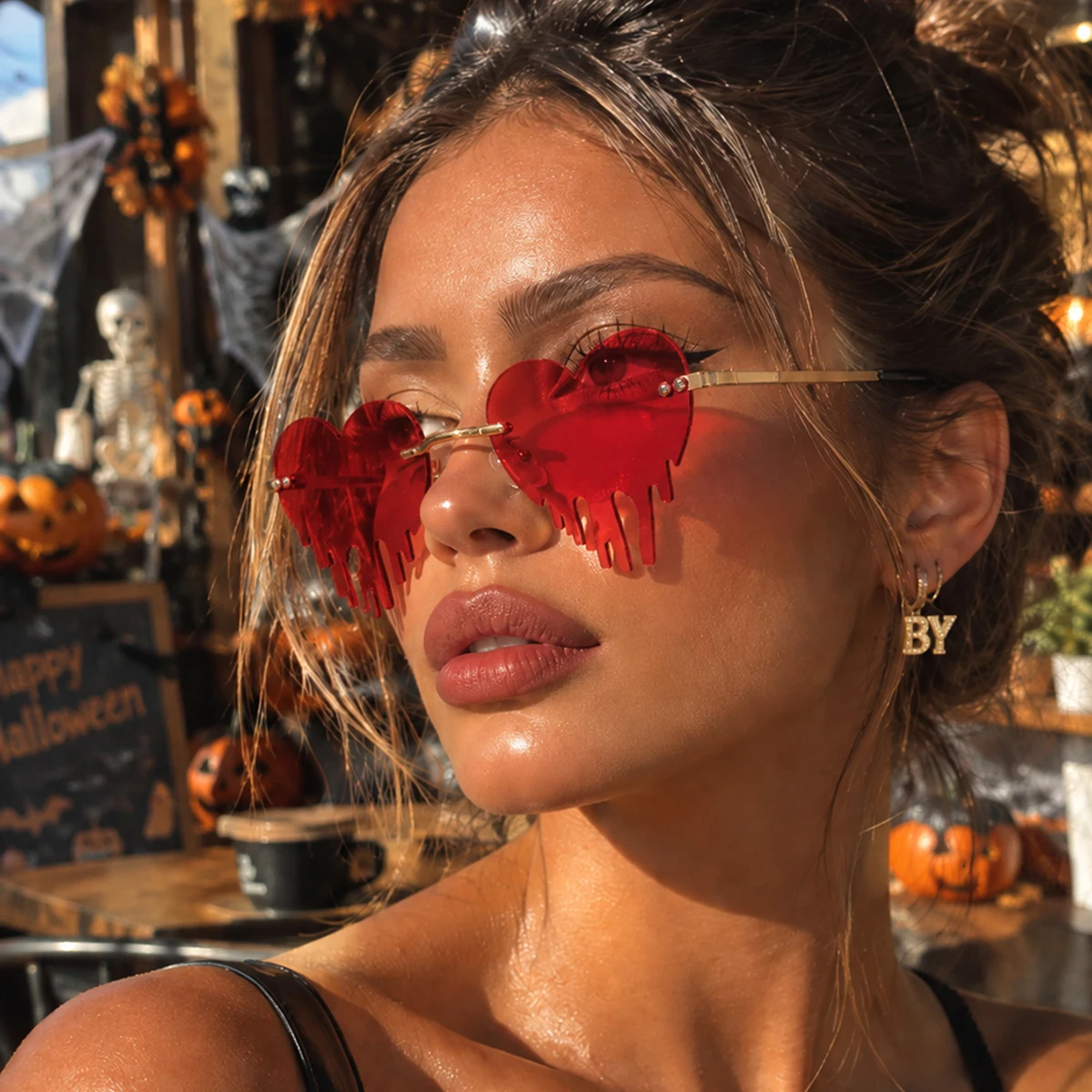 1 Pair of Women's Red Heart-Shaped Frameless Fashion Glasses, Eye-Catching and Unique, Sweet and Cool, Trendy and Avant-Garde Women's Glasses, Suitable for Halloween Haunted House Parties