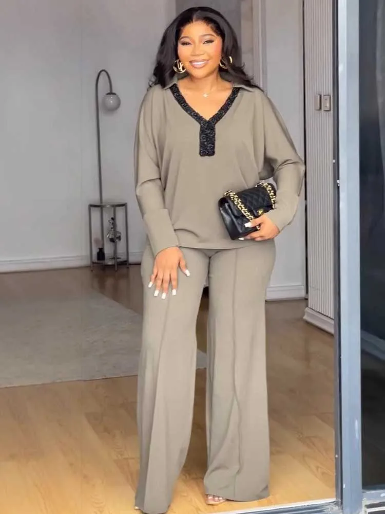 

Женские комплекты из двух предметов, осенняя одежда, топ с длинными рукавами и брюки цвета хаки, повседневный и элегантный комплект, оптовая продажа, дропшиппинг