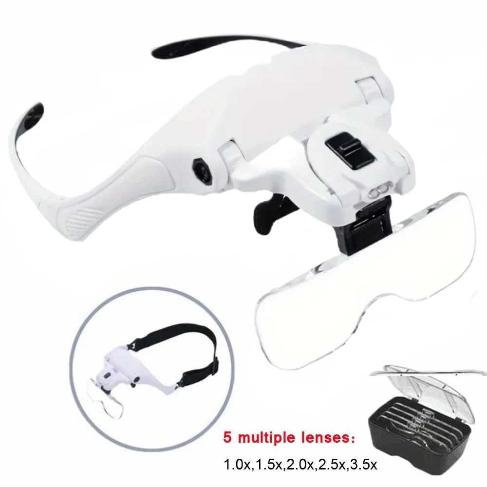 Magnifying Glass LED Light Head Loupe Jeweler Watch Bright Magnifier with 5 Lens