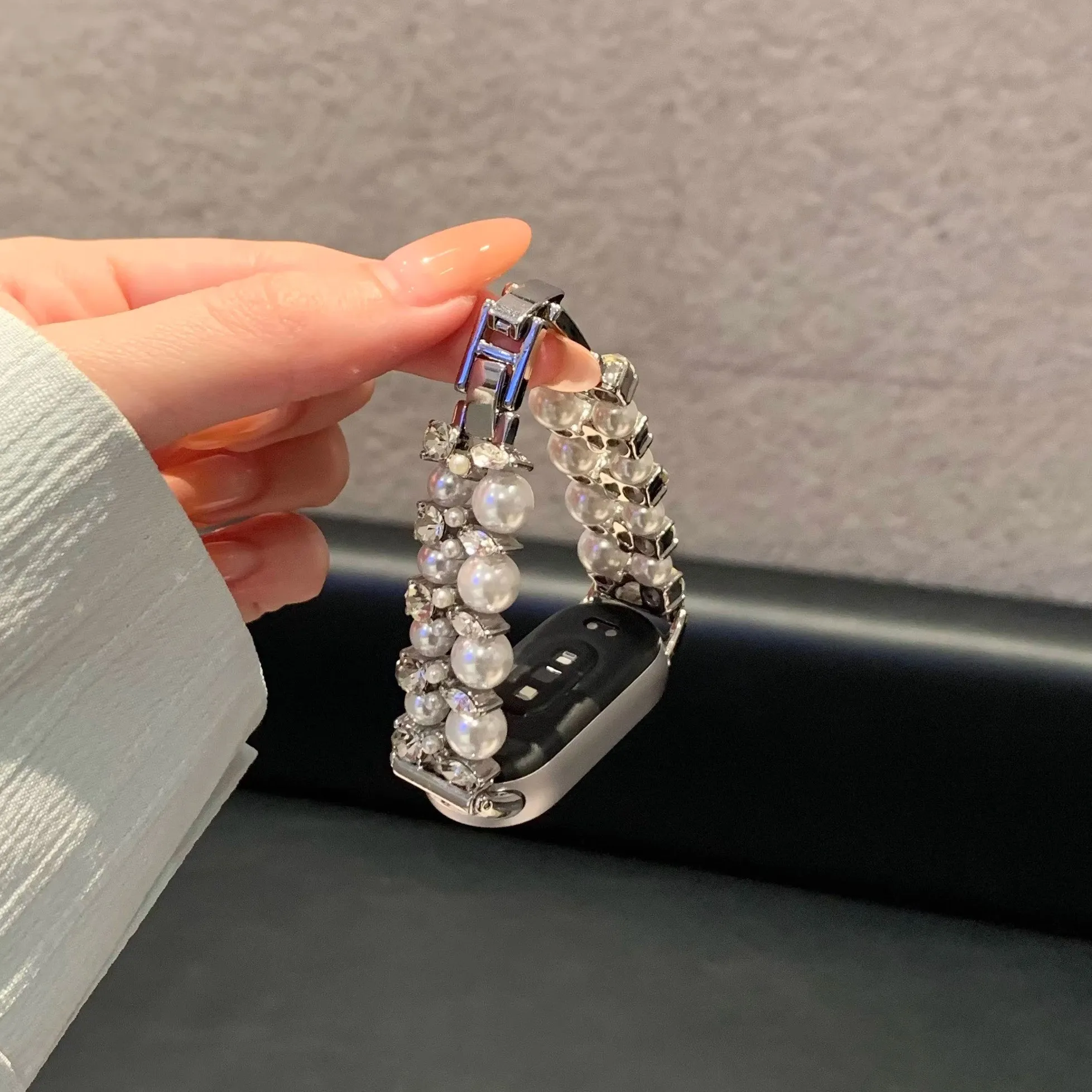 حزام ماسي مرصع باللؤلؤ بصف مزدوج مناسب لـ Xiaomi Band 8Pro/9Pro، لـ Mi band 3/4/5/6/7,8/8NFC/9/9NFC/10/10NFC، لـ Redmi Wat #3