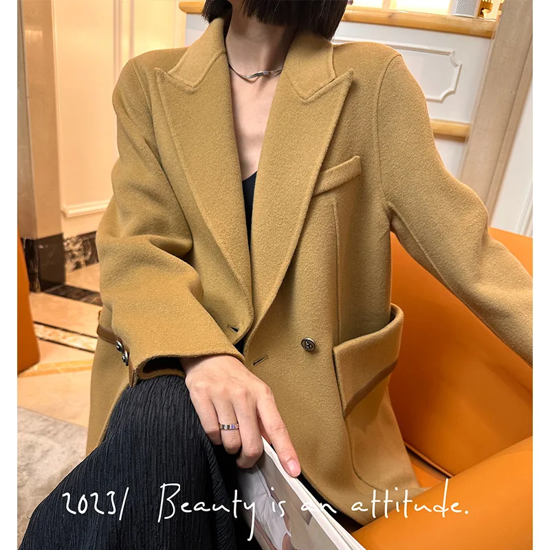 High end Korean style suit collar double-sided cashmere coat for women, medium and long styles, 2024 autumn and winter new