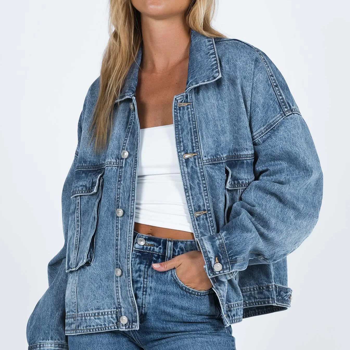 New Fashion American European Women's Loose Casual Trendy Turn-down Collar Long Sleeve Simple Pocket Denim Cargo Jacket Female