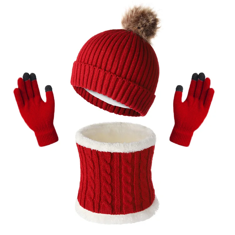 kids-children-autumn-winter-outdoor-thickened-beanies-scarf-gloves-set-fleece-lined-knit-warm-neck-protection