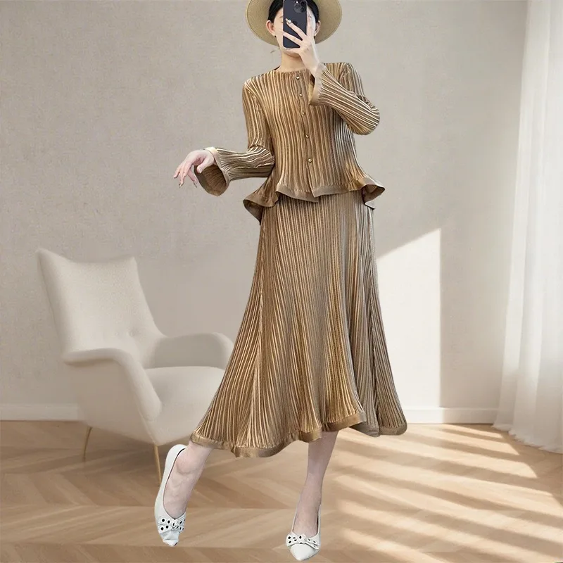 

Miyake Pleated Women's Dress Set Fall New Long Sleeve Top T-Shirt Simple French Elegant Sleeveless Vest Long Skirt 2 Piece Set