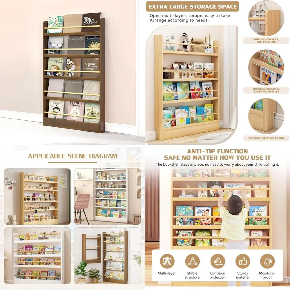 libreria per bambini compatta a parete a 5 livelli: design salvaspazio e antiribaltamento