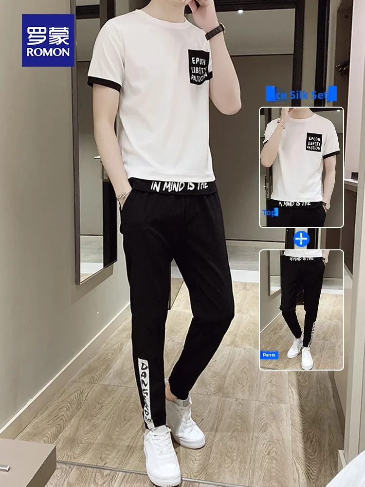 

Мужской спортивный комплект из ледяного шелка: летний тонкий костюм из футболки и шорт для бега и повседневной носки, комплект из двух предметов