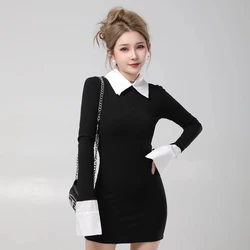 Korean Style Fake Two-piece Spliced Slim Fit Dress for Women in Autumn and Winter Versatile Temperament Hip Hugging Short Skir