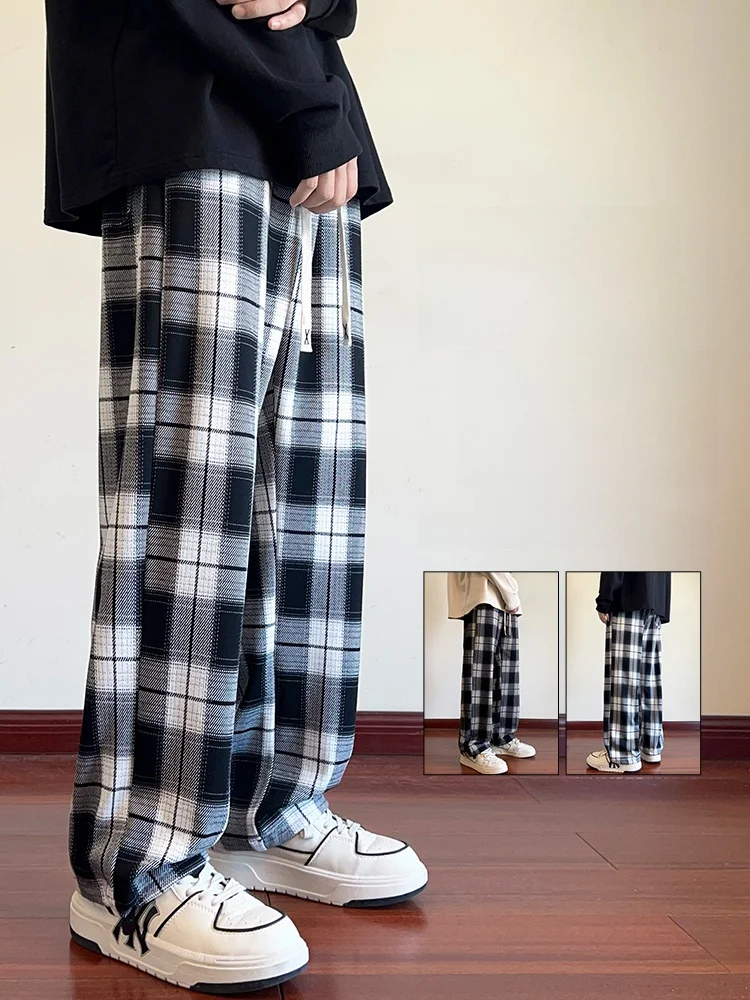 

Черно-белые клетчатые мужские повседневные спортивные брюки, весенне-осенние прямые брюки в стиле ретро, ​​японские модные длинные брюки