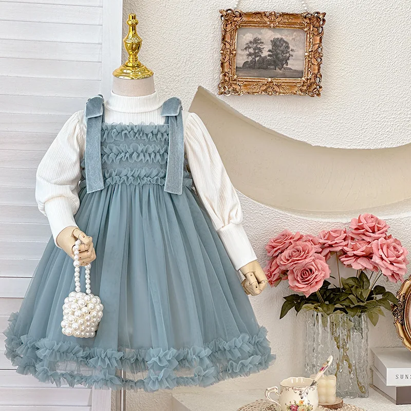 

Girls Dress 2024 Autumn New Collection Senior Fresh Velvet Bow with Shoulder Strap and Fluffy Skirt Western Style Dress