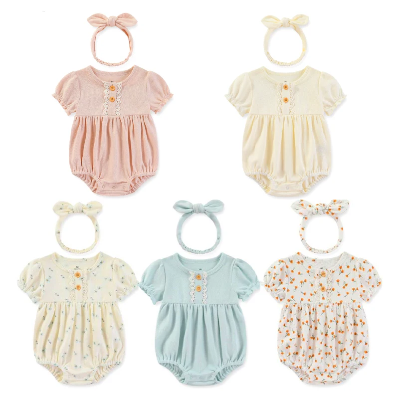 Fetchmous Cotton Bodysuit +Headband 6-24M Newborn Baby Girl Clothes Sets Lace Summer Short Sleeve Baby Girl Jumpsuit Print Bebes