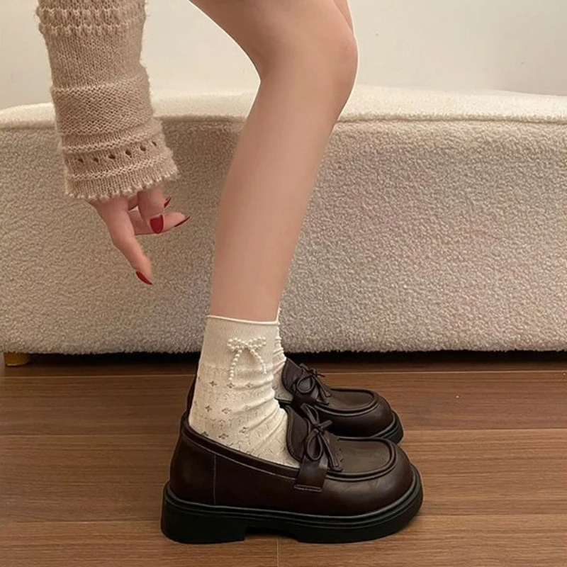 

2026 New Women French Bowknot Platform Loafers Vintage British Style Student Versatile Leather Dress Shoes