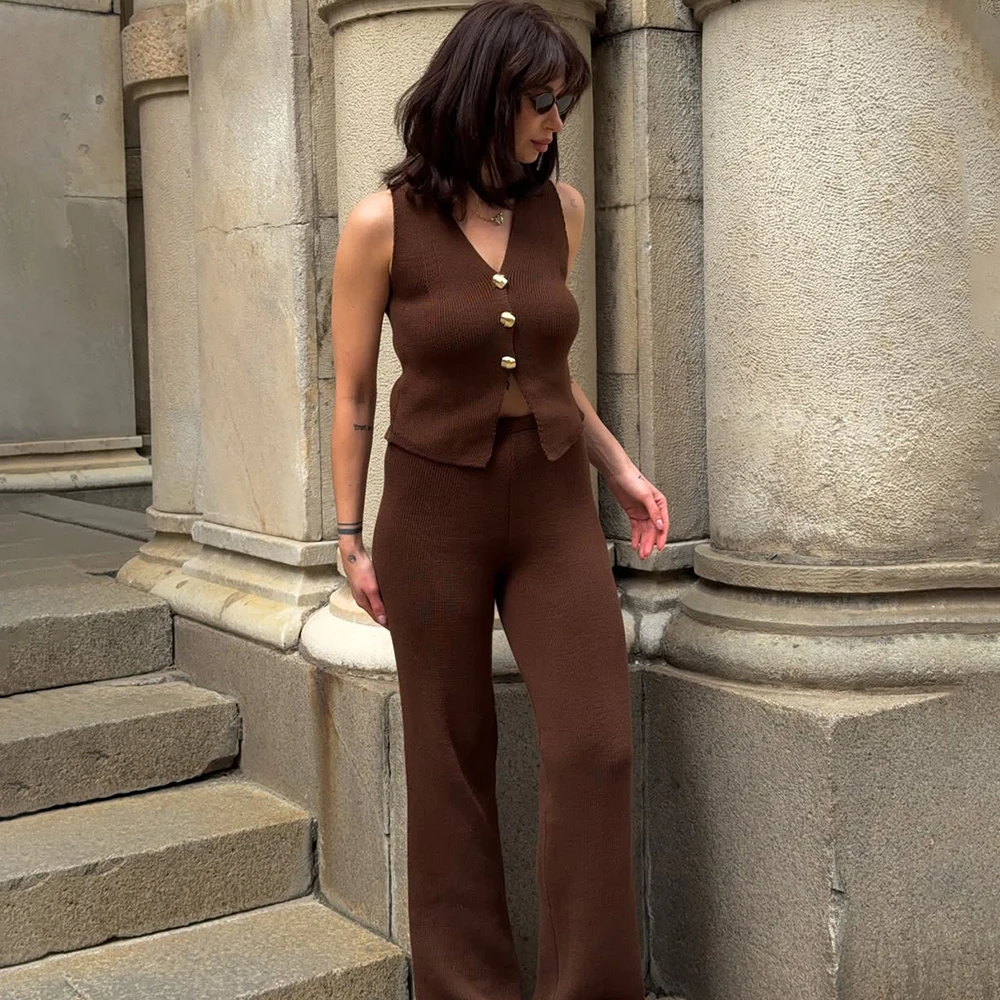 Tuularose V Neck Knitting Pants Set For Women Metal Buttons Sleeveless Top Straight Wide-Leg Pants Set Lady Beach Slim Pants Set