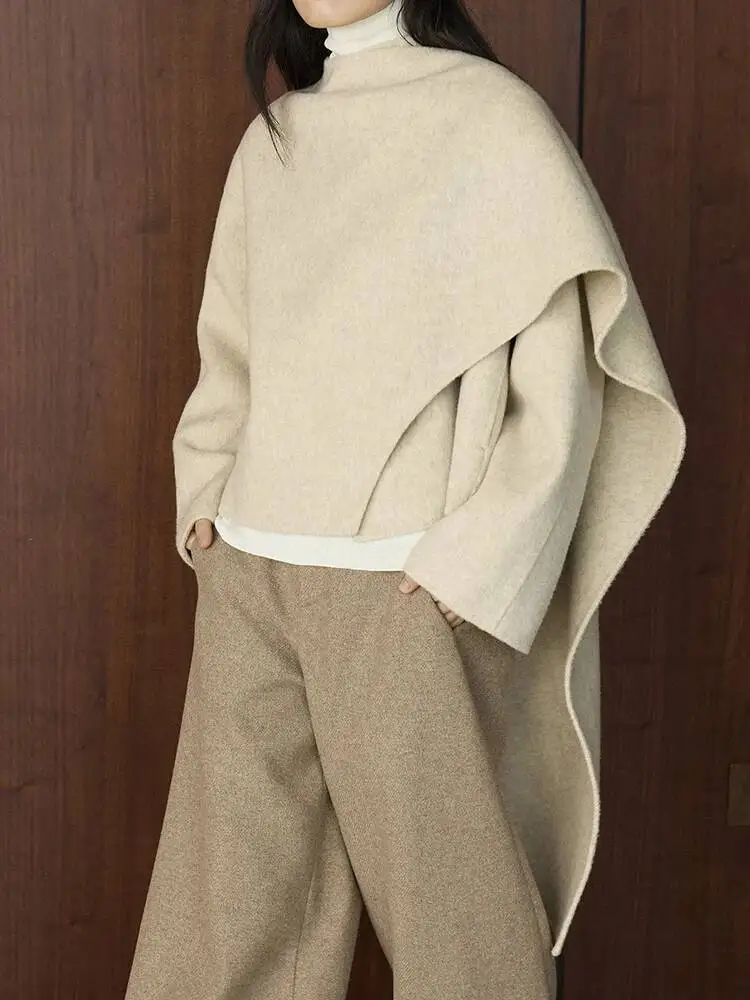 Big Size Warm Beige Irregular Woolen Coat New Scarf Collar Long Sleeve Women Jacket Fashion Autumn Winter 2026 1D6M