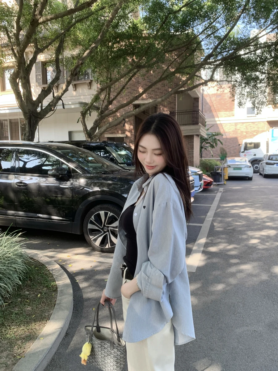 

Женская свободная блузка Ele Blue с вышивкой и полосками, длинный рукав, весна 2026, дизайнерский повседневный модный топ