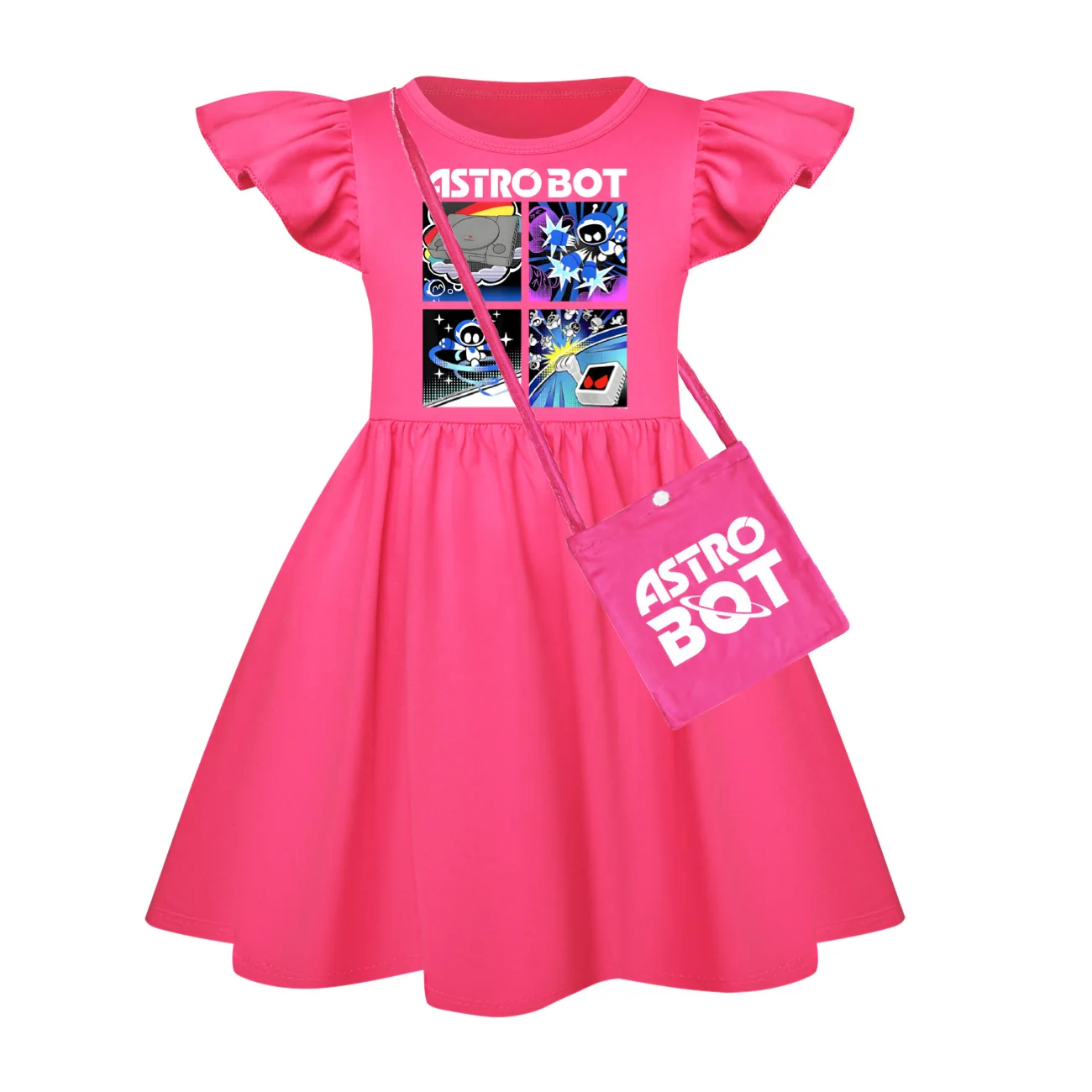 Hot Game ASTROBOT Clothes Baby Girls Summer Short Sleeve Dress Children Casual Dresses &Bag Girl Princess Vestidos