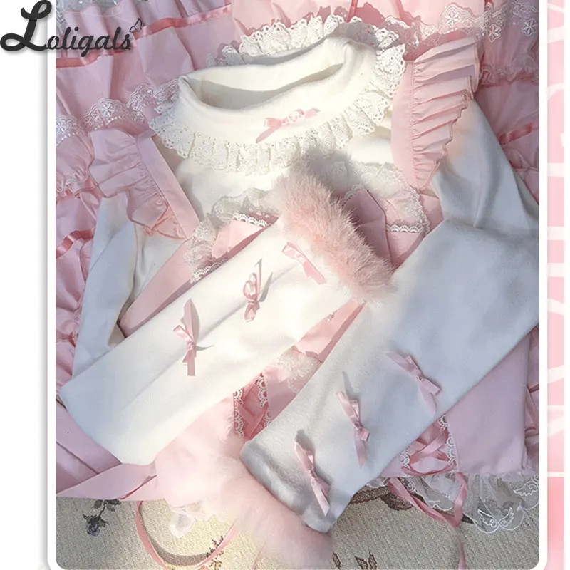 Sweet Long Sleeve Lolita Top Soft Warm Winter Flush Lace Ruffled Turtleneck Underwear for Women