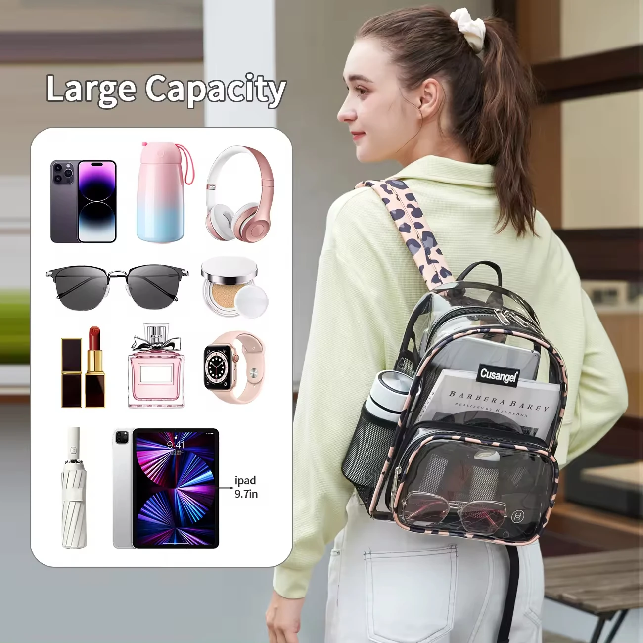 12 Inches Leopard Clear Book Bags Transparent Backpack TPU Material Waterproof Girls School Bag Fashion Daily Knapsack