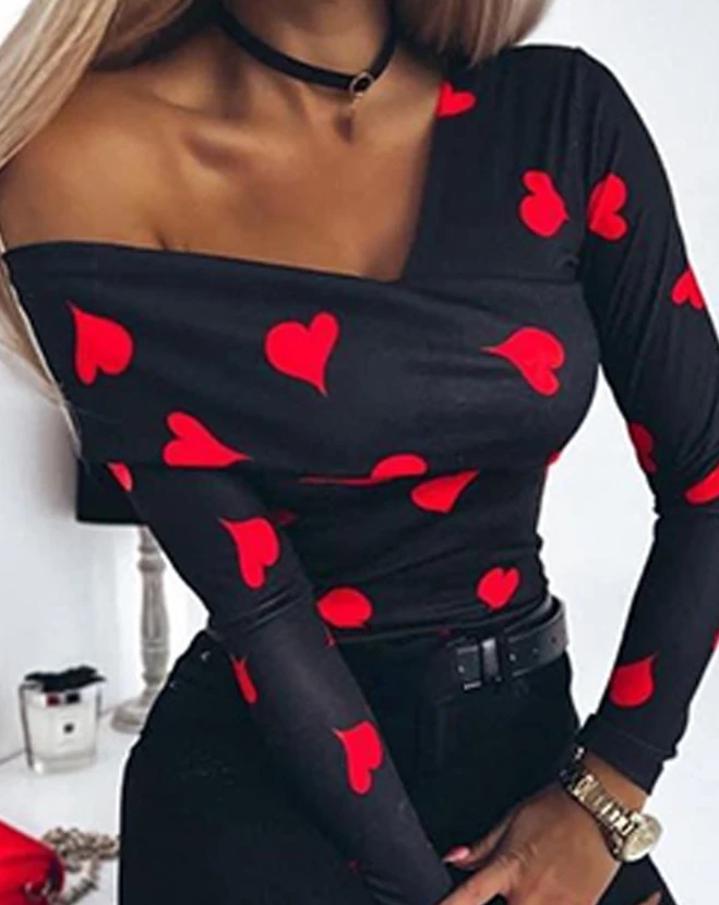 2023 Autumn Winter Spring New Fashion Casual Female Clothing T-Shirts Pullover Tops Sexy Heart Print Asymmetrical Neck Top