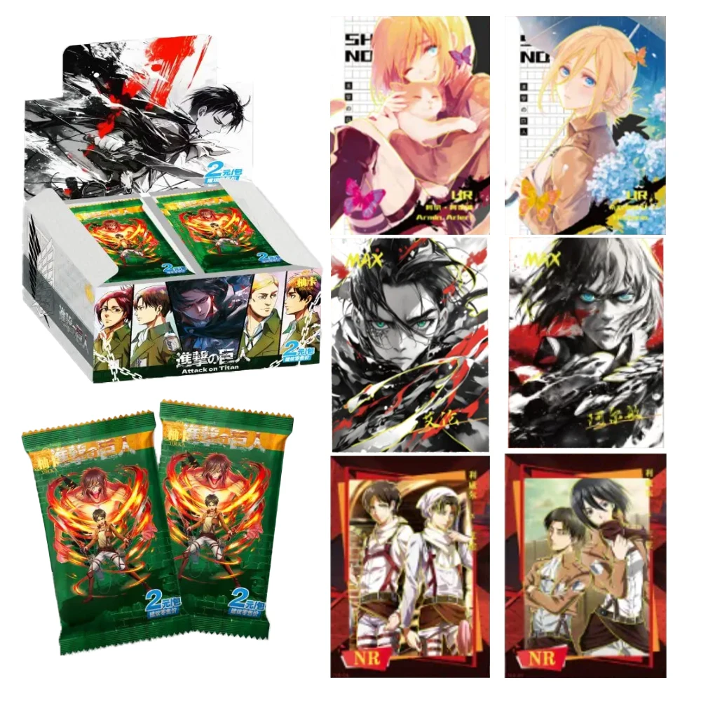 cartas-coleccionables-de-anime-attack-on-titan-caja-completa-de-sobres-personajes-eren-levi-mikasa-mini-cartas-metalizadas-regalo
