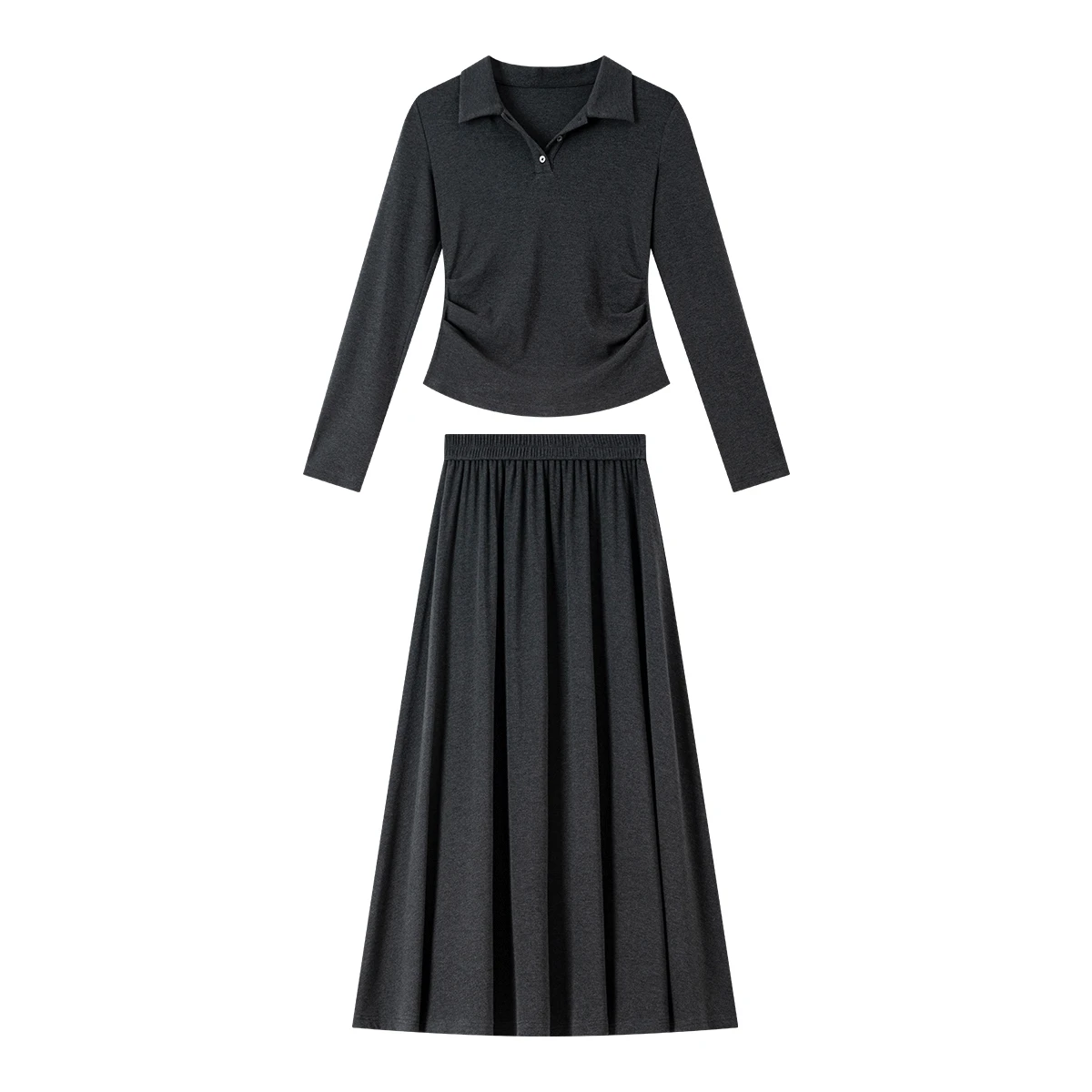 VIMLY Woman Skirt Sets Two Pieces Casual Autumn 2025 Polo Neck Knitted Tops Long A-line Skirts Loose Elegant Women's Suits A2566