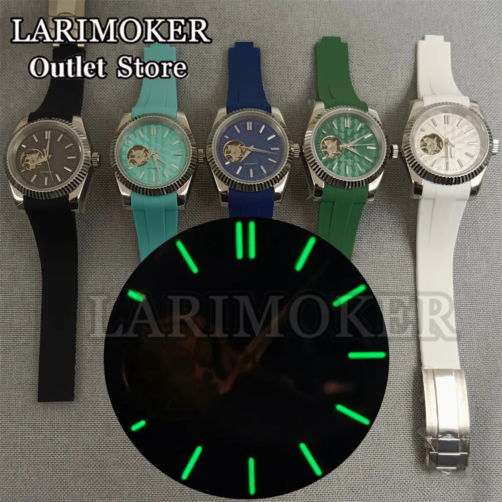 LARIMOKER 36mm/39mm NH38 Black blue green silver Dial Automatic Men Watch Waterproof Screw Crown Brush Strap Green Luminous