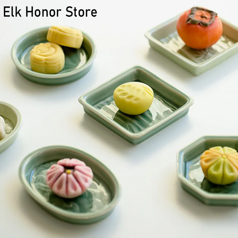 Creative Celadon Embossed Art Fruit Plate Shallow Ceramic Tea Dish Snack Dried Fruit Food Storage Tray Basket Candy Cake Stand