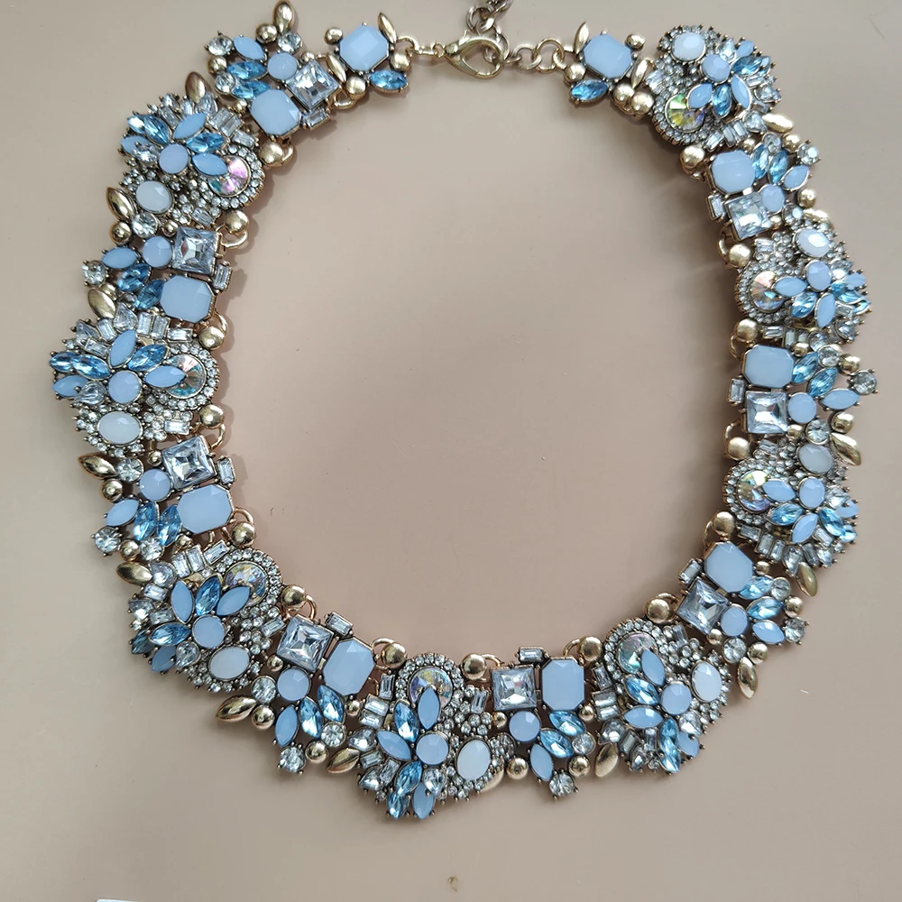 Vintage Statement Jewelry Accessories Blue Crystal Rhinstone Earrings and Matching Choker Necklace for Women