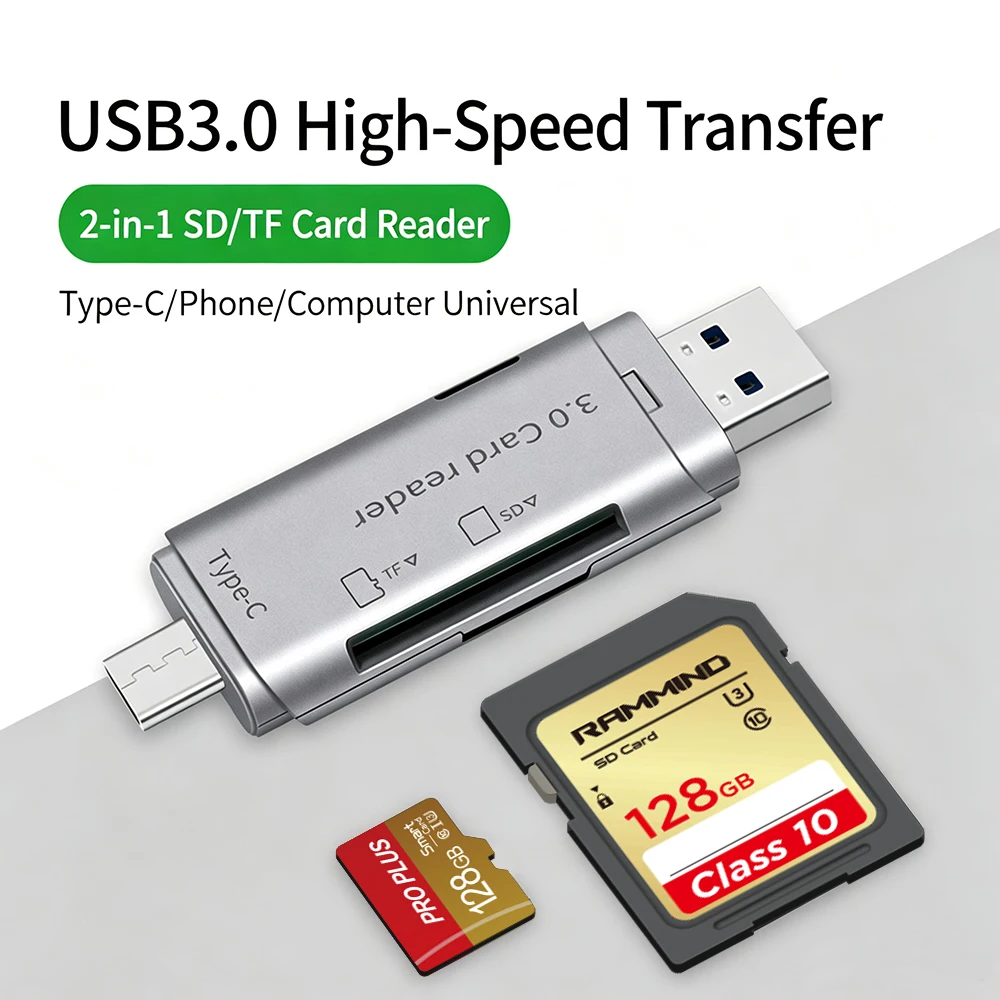 2-in-1 USB 3.0 Type-C Card Reader SD TF Memory Card Adapter OTG High Speed Reader for PC Laptop Phone